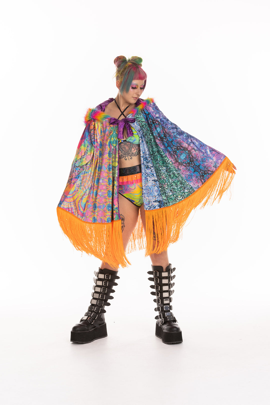 RAINBOW CONNECTION FRINGED CAPE  *ONE OF A KIND*